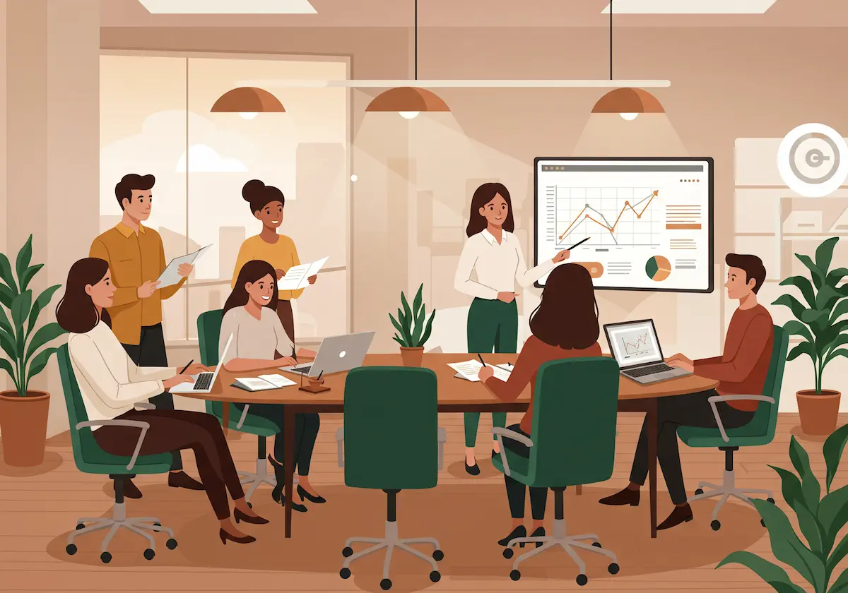 Illustration of a diverse team analyzing electricity supplier market data, featuring professionals collaborating around a presentation of market share trends and customer statistics