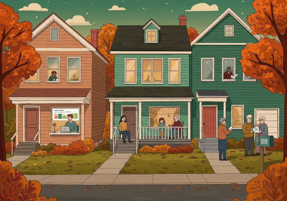 Illustration of a Connecticut neighborhood showing different households engaging with electricity choice - some reviewing bills, others displaying 'We Switched & Saved!' signs, and neighbors discussing their experiences