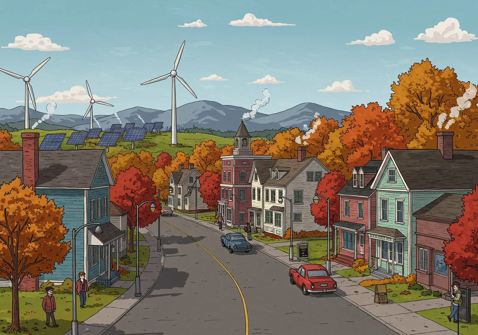 Illustration of a New England neighborhood with renewable energy infrastructure including wind turbines and solar panels
