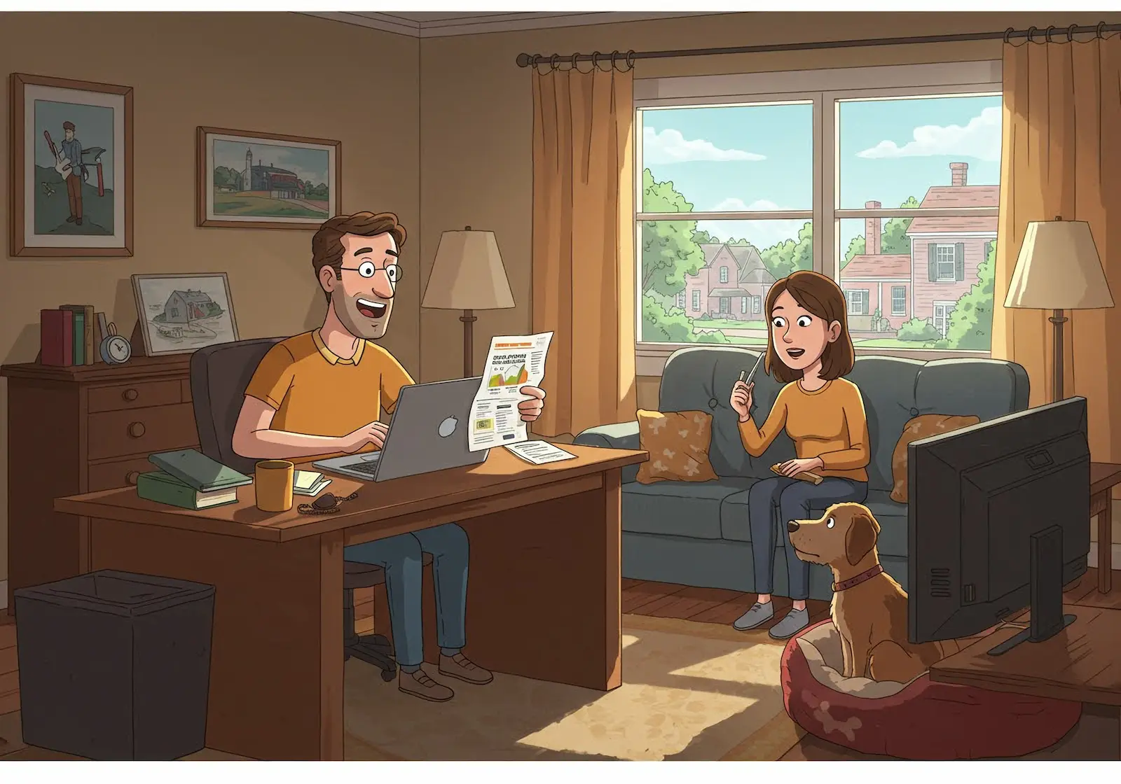 Illustration of a family reviewing electricity rates together at home, with a person at a desk looking at rate comparisons while discussing with someone on the couch